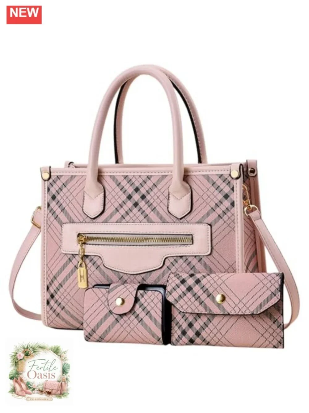 Women's Satchel Handbag Set with Wallet & Cardholder, PU Leather, Checkered,
